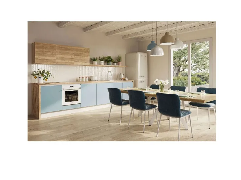 Cucina moderna nordic celeste, effetto legno, scontata 53%. Progettata da un interno.