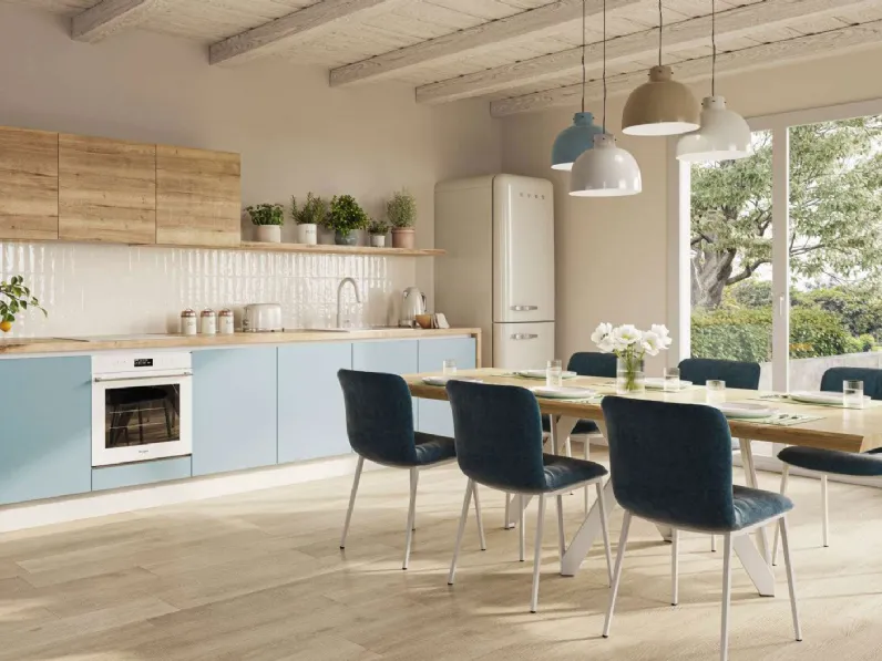 Cucina moderna nordic celeste, effetto legno, scontata 53%. Progettata da un interno.