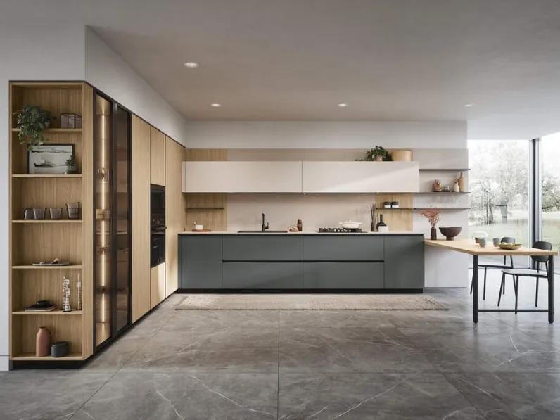 Cucina Domino composizione 01 moderna rovere chiaro Prima cucine con penisola scontata 50%