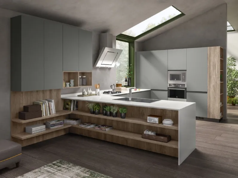 Cucina con penisola in laccata opaco grigia Nadir 1 a prezzo ribassato
