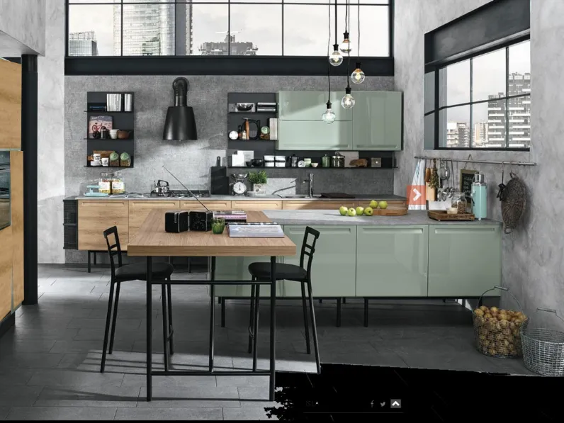 cucina industrial green eco in offerta con isola e piano lavoro penisola