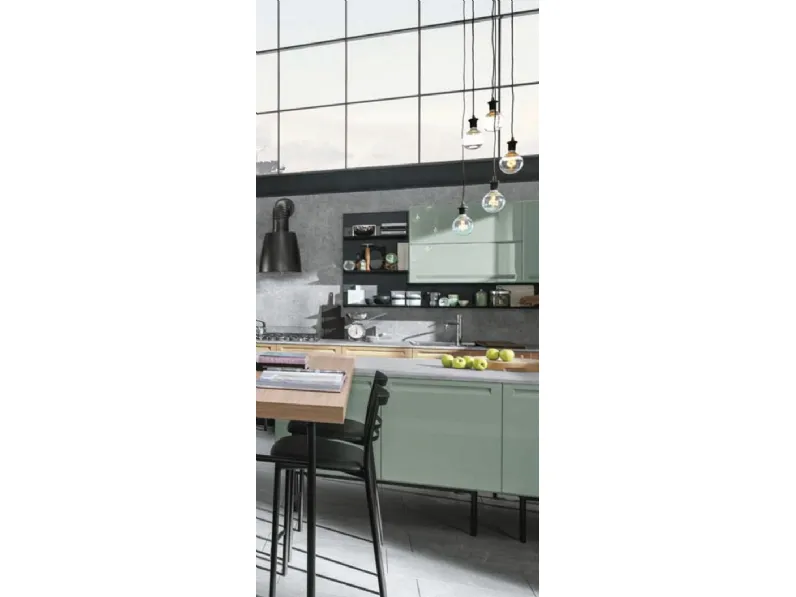 cucina industrial green eco in offerta con isola e piano lavoro penisola