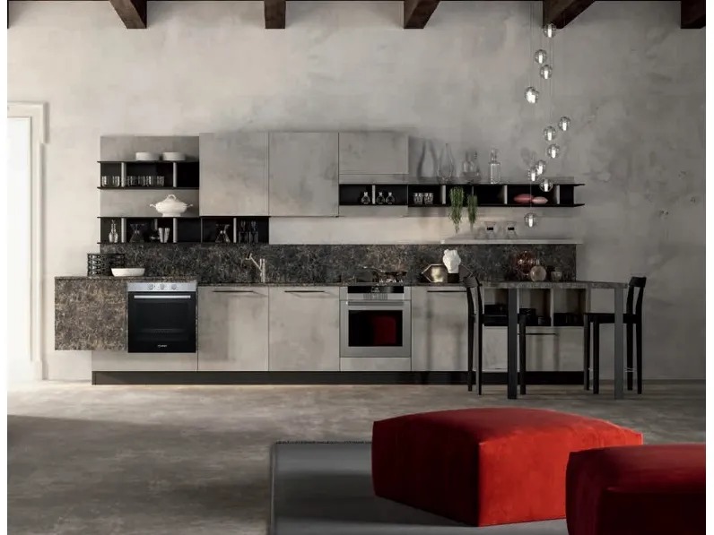 Cucina lineare in laminato materico grigio  industrial glam cemento a prezzo scontato