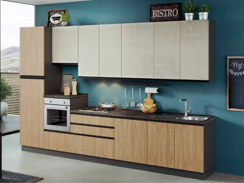 Cucina lineare in laminato materico rovere chiaro Era a prezzo scontato