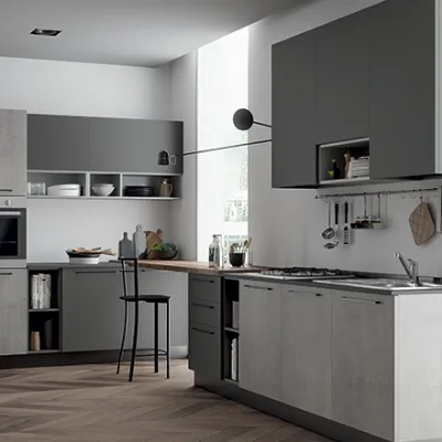 Cucina lineare in laminato opaco grigio Domino grafite e cementho a prezzo ribassato