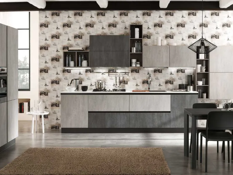 cucina lineare industriale con colonne grigio cemento in offerta nuovimondi 