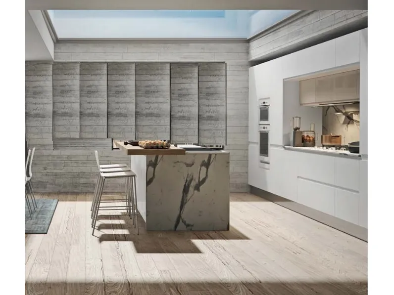 Cucina moderna ad isola Nuovi mondi cucine Cucina white minimal design con isola  a prezzo ribassato