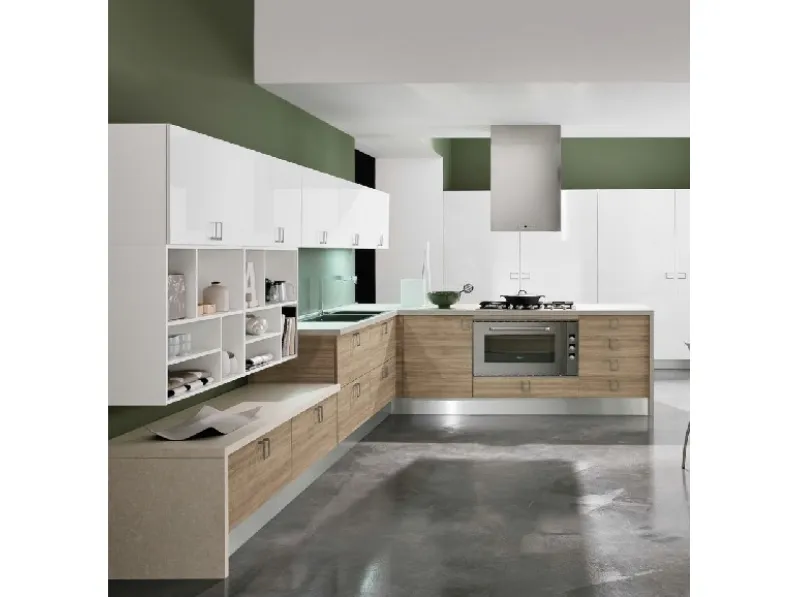 cucina con penisola moderna essenza rovere e white opaco in offerta convenienza