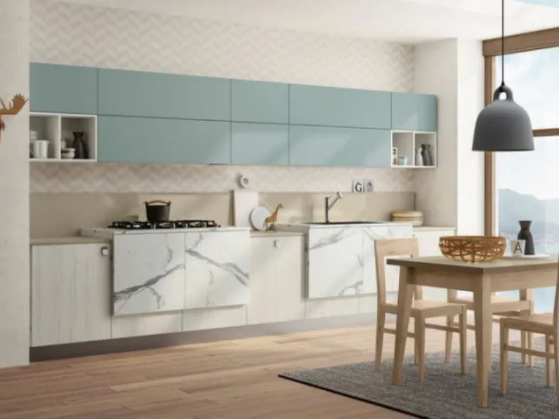 Vendita cucina Febal moderna lineare azzurra in legno.