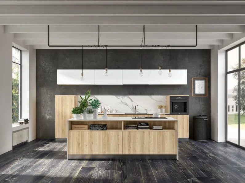 Cucina Essebi moderna ad isola rovere chiaro in laminato opaco Azimunt