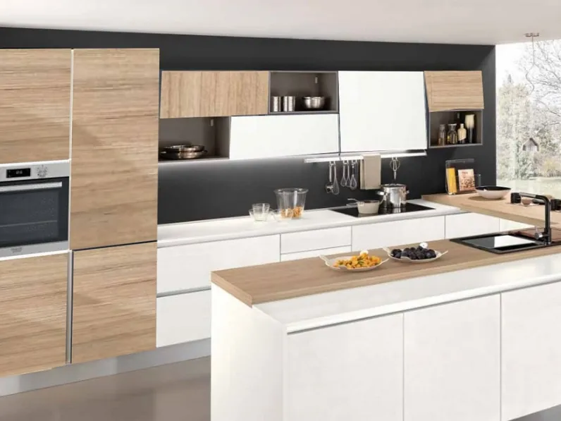 CUCINA Nuovi mondi cucine con penisola Cucina moderna gola con penisola e isola colore frassino  bianco e nature in offerta     SCONTATA