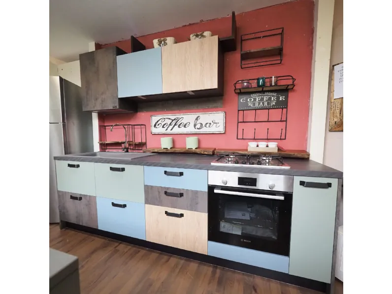 Cucina moderna rovere chiaro, etnico lineare, vintage colorata a 1990.