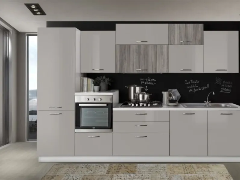 Cucina rovere moro moderna lineare Cucina lineare 330 cm rovere grigio -sabbia lucido Artigianale in Offerta Outlet