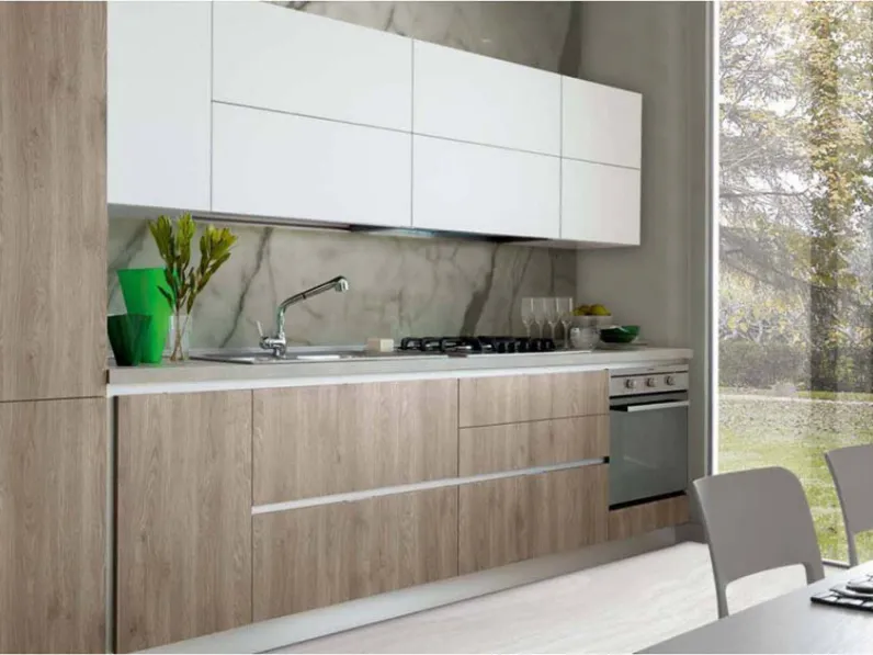 Cucina Ingrid versione rovere fiammato brown moderna rovere chiaro lineare S75 scontata 30%