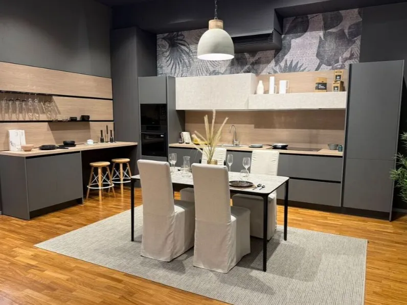 Cucina lineare in laminato materico grigia Young a prezzo scontato