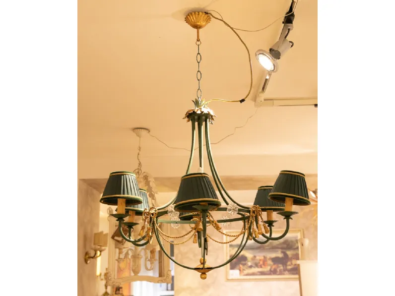 Lampada Artigianale Lampadario in ferro battuto vestigia verde  a PREZZI OUTLET