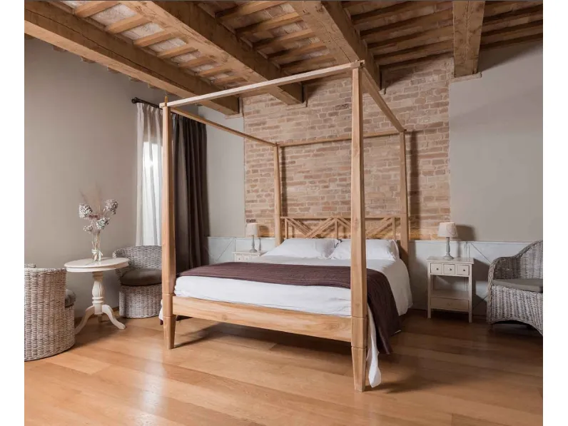 Letto matrimoniale a baldacchino Country- chic in teak massello a prezzo riservato 