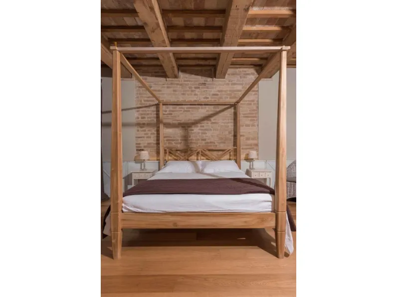 Letto in legno a baldacchino Country- chic in teak massello Outlet etnico a prezzo ribassato