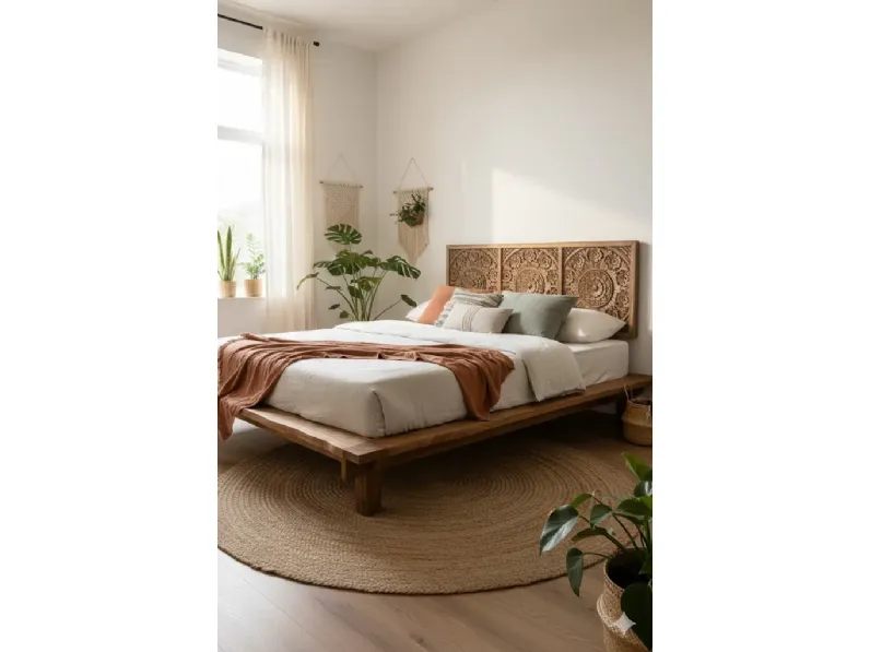 Letto matrimoniale con giroletto Letto doro acacia Outlet etnico a prezzo scontato