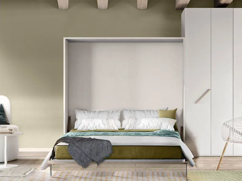 Letto matrimoniale moderno Letto a scomparsa matrimoniale color bianco frassinato, made in italy Artigianale a prezzo scontato