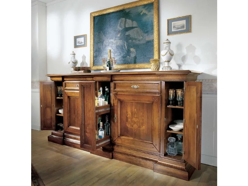 Madia modello Credenza intarsiata con elemento-centrale porta-bottiglie in noce toulipire in promo-sconto del 50% di Artigiani veneti in Offerta Outlet