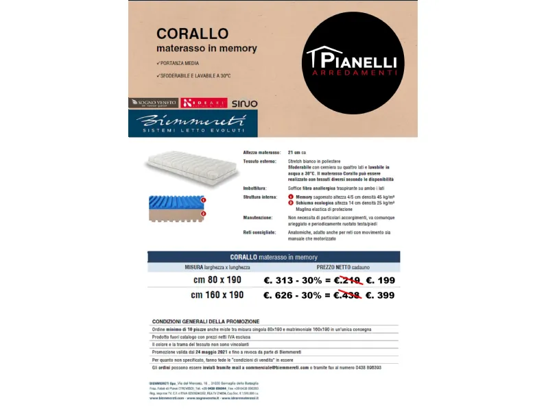 Materasso Corallo Artigianale memory  a prezzo ribassato
