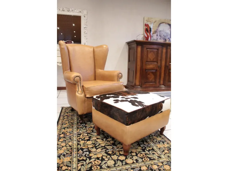 Poltrona in Pelle Bergere e pouf Artigianale in Offerta Outlet