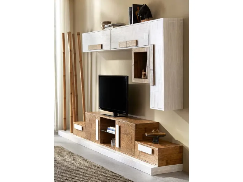 Parete attrezzata in legno stile design Parete soggiorno in legno e crash bambu in offerta  Outlet etnico