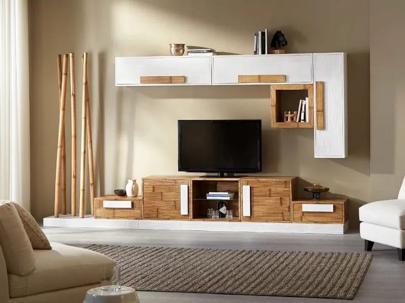 Parete attrezzata in legno stile design Parete soggiorno in legno e crash  bambu in offerta Outlet