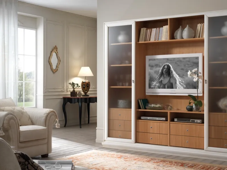 Parete attrezzata in legno stile moderno Mobile-libreria con vano-tv scontato del 40% Artigianale