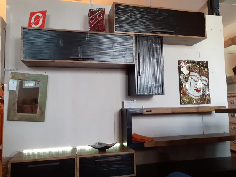 Parete attrezzata Mobile parete soggiorno  etnico legno e crash bambu in offerta  Outlet etnico in legno a prezzo scontato