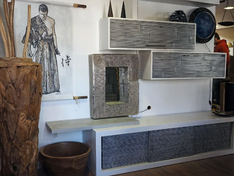 parete soggiorno etnico in legno e crash bambu grigio e white in offerta