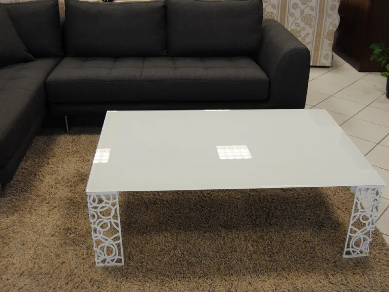 Tavolino 120x80 con gamba lavorata  con piano in vetro scontato del -45 %