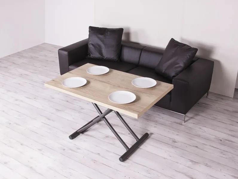 Tavolo Altacom modello Geniale. Tavolino trasformabile in tavolo da pranzo con piano nobilitato natural halifax oak e base verniciato grafite.