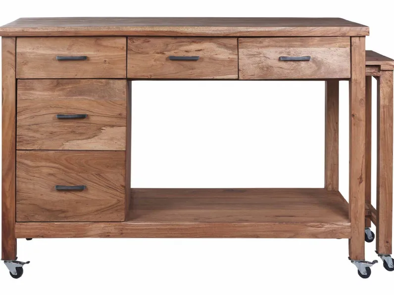 Tavolo in legno rettangolare Credenza postazione lavoro piano estraibile e ruote in legno  Outlet etnico a prezzo scontato