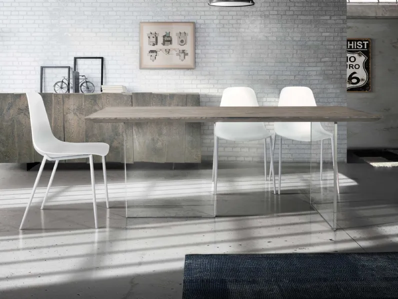 Tavolo in legno rettangolare Tavolo massello finitura beton con base in vetro Mottes selection in Offerta Outlet