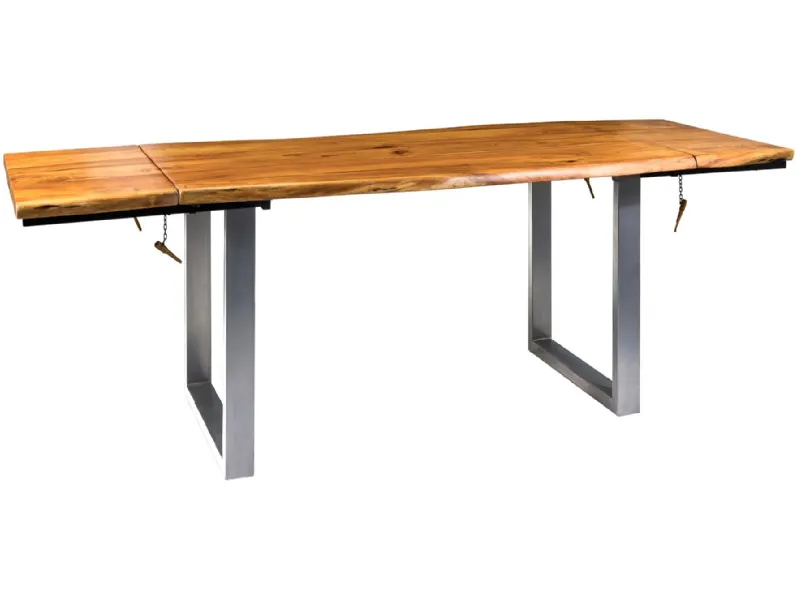 Tavolo industr. in legno e metallo, prolunghe estraibili. Outlet etnico, prezzo ribassato.