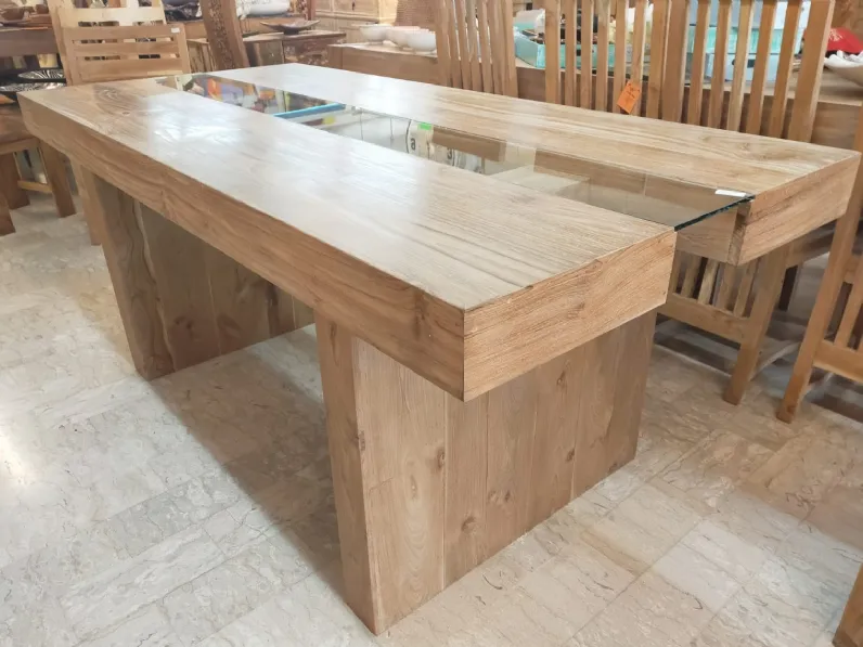 Tavolo rettangolare in legno Teak massello con vetro Artigianale in Offerta Outlet