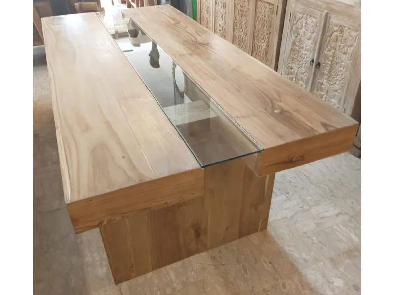 Tavolo rettangolare in legno Teak massello con vetro Artigianale in Offerta Outlet