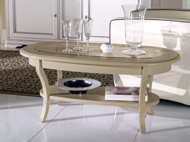 Tavolino Artigiani veneti modello Tavolino da salotto ovale con piano in vetro in promo-sconto del 40% in OFFERTA OUTLET
