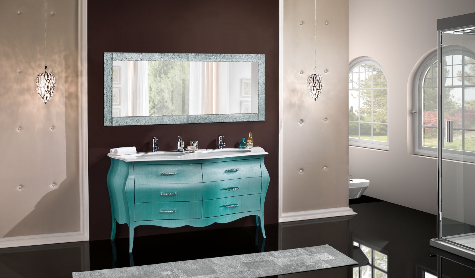mobile in legno bombato per bagno due lavabi