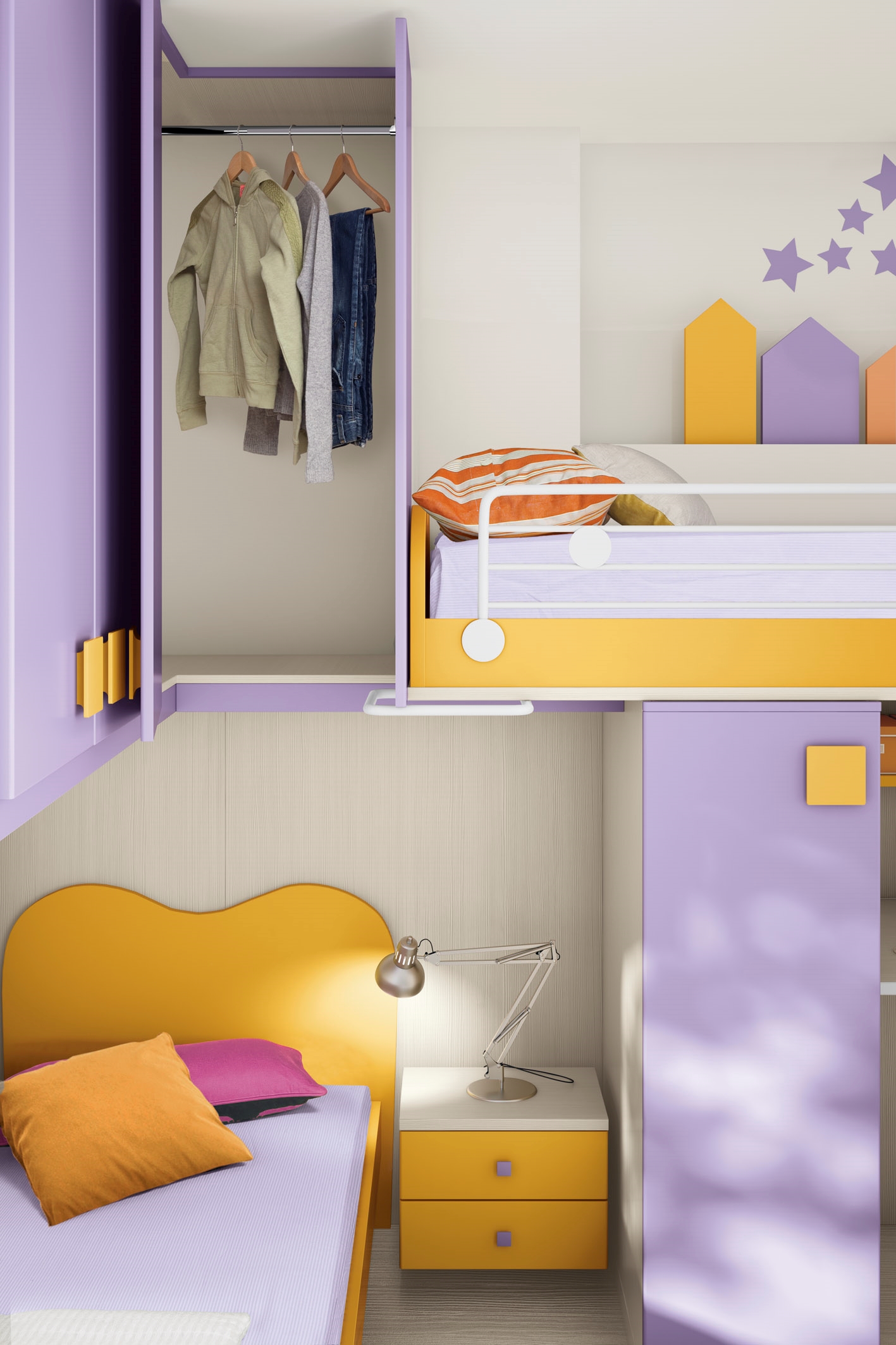 Cameretta per bambini colorata con due letti a soppalco ...