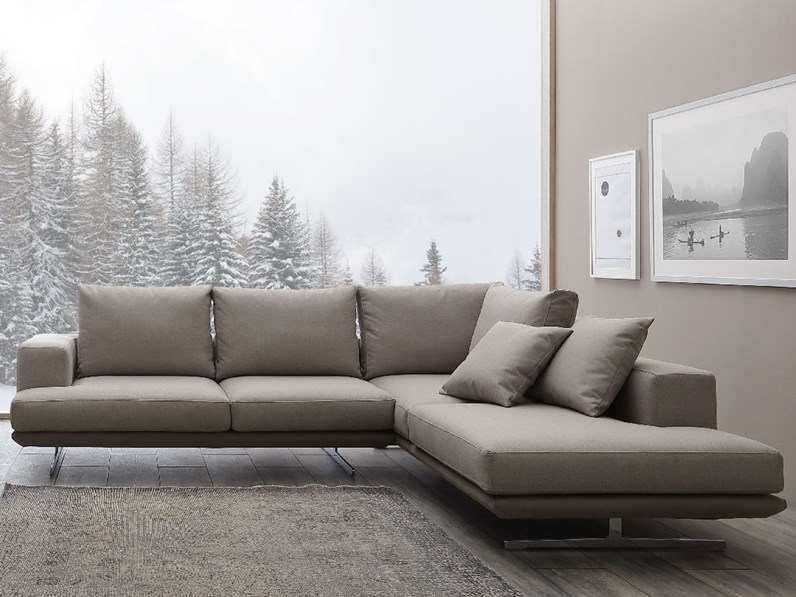 Divano Angolare A Nuvola In Chenille Grigio – 2 Posti Con 4 Cuscini E Pouf Incluso