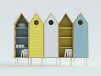 Cabina Valsecchi modello Levante. Cabina a giorno porta oggetti con struttura in impiallacciato frassino naturale disponibile in bianco, azzurro o giallo.
