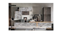 Composizione soggiorno parete attrezzata in legno essenza bronzo e basi a ribalta in legno vintage