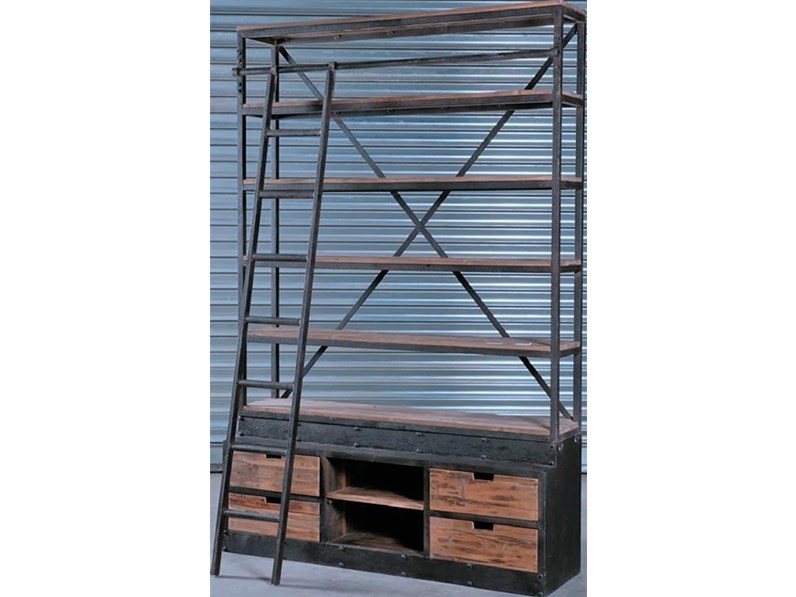 Libreria in legno stile moderno Libreria industrial con scala di ... Libreria in legno stile moderno Libreria industrial con scala di ...