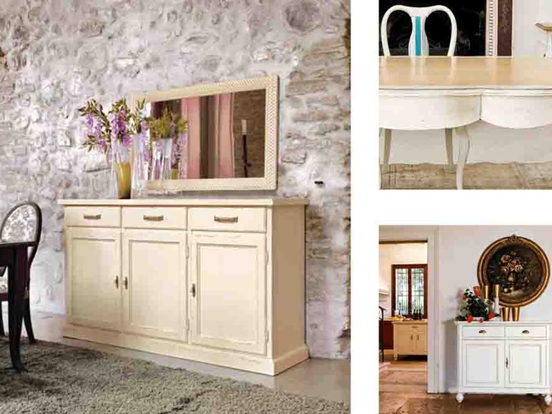Madia Credenza a tre ante e cassetti in legno finitura avorio mottes