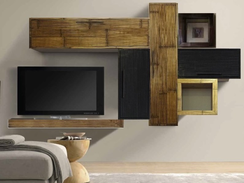 Mobile etnico parete soggiorno moderno sospeso in legno e bambu design Pareti soggiorno moderne