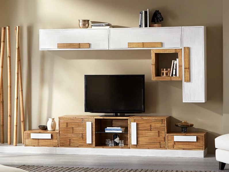 Parete Attrezzata Soggiorno Minimal White E Crash Bambu Miele Antico Outlet Etnico Offerta Outlet