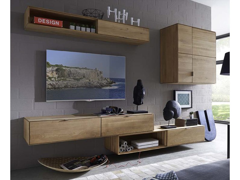 Parete attrezzata tv soggiorno in legno massello di rovere Parete tv attrezzata
